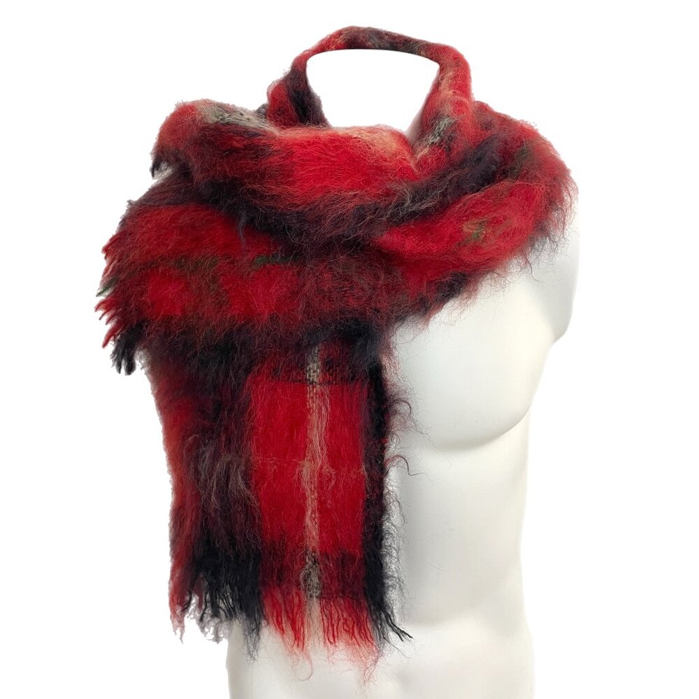 Vintage Haxap Red & Black Plaid Moxep (Mohair) Scarf